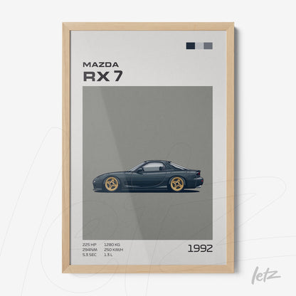 quadro com ilustração do carro Mazda RX 7 de 1992 em moldura de madeira clara