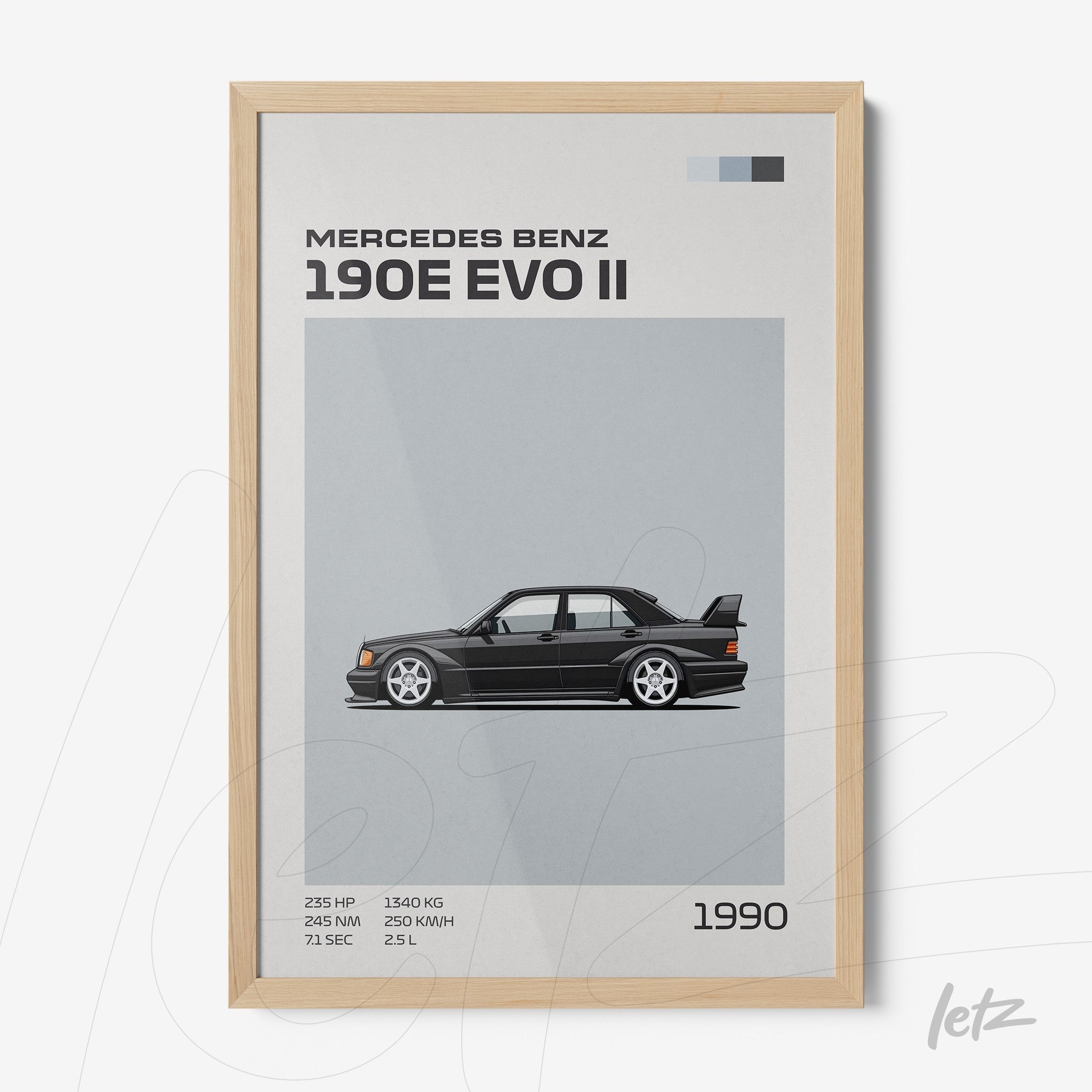 quadro com ilustração minimalista do carro Mercedes Benz 190E EVO II em moldura de madeira clara