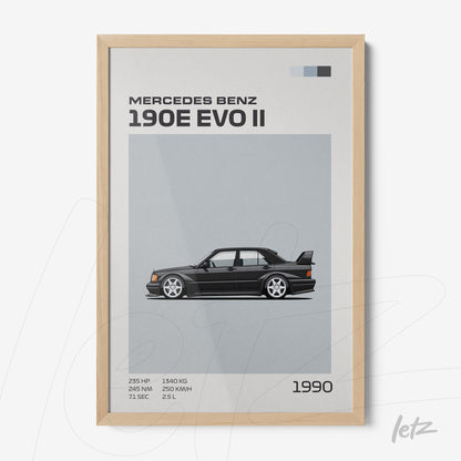 quadro com ilustração minimalista do carro Mercedes Benz 190E EVO II em moldura de madeira clara