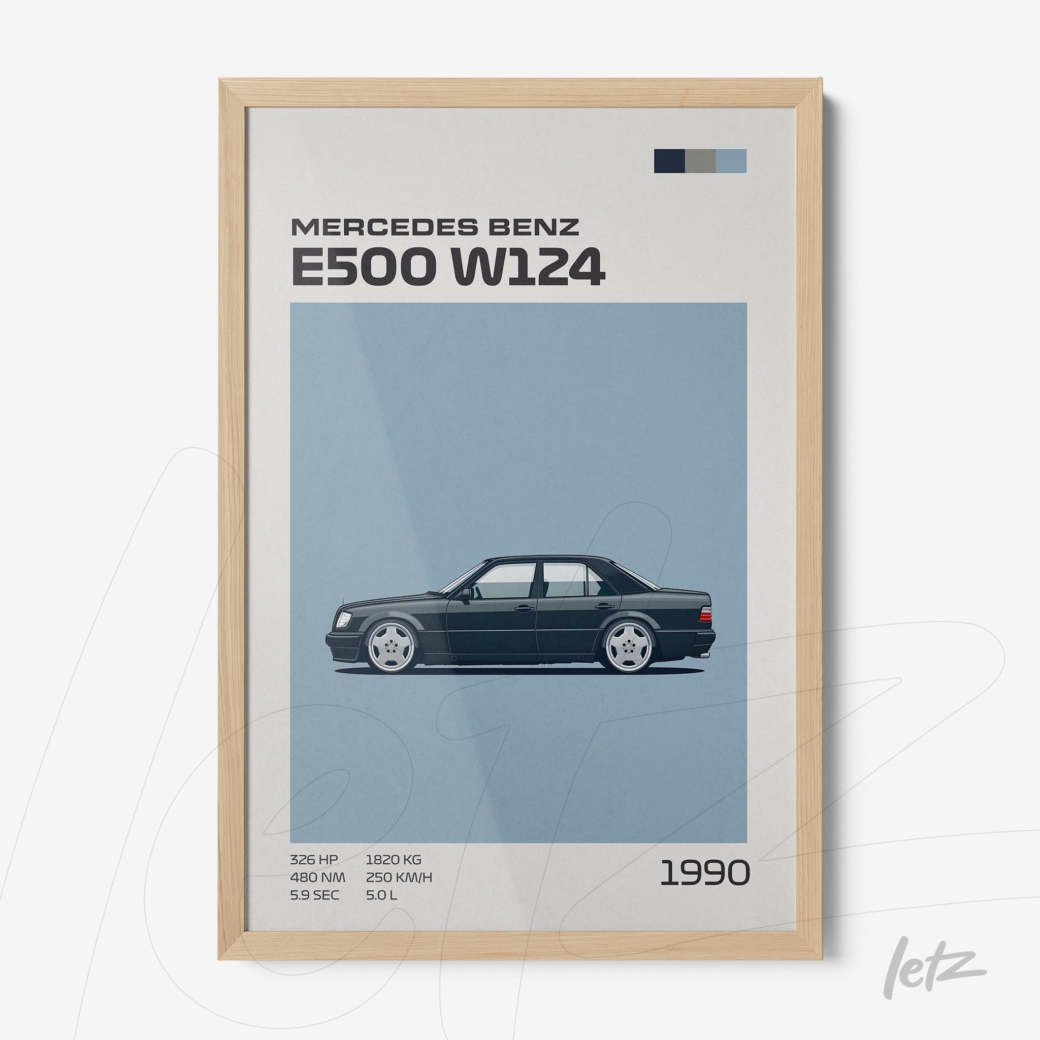 quadro com arte minimalista de um carro Mercedes Benz E500 W124 em fundo azul, moldura de madeira clara