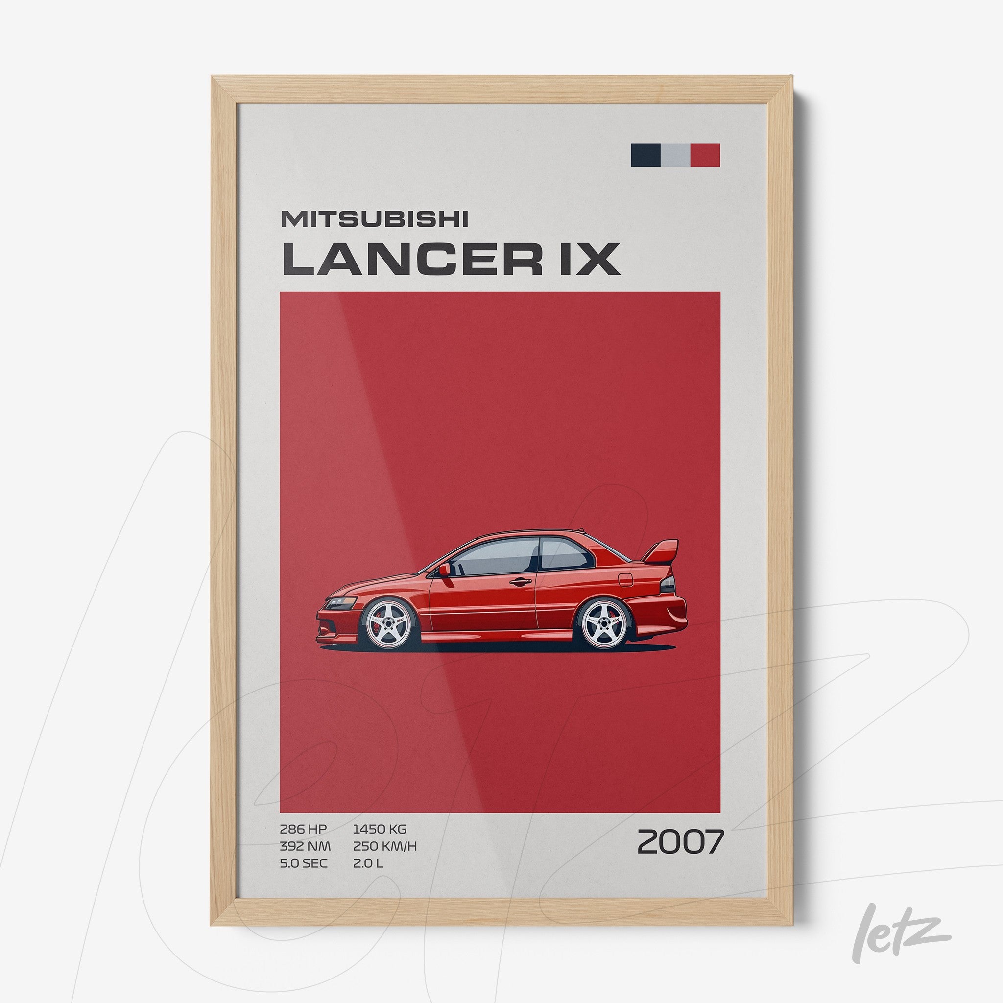 quadro com ilustração do carro Mitsubishi Lancer IX em moldura de madeira clara sobre fundo vermelho