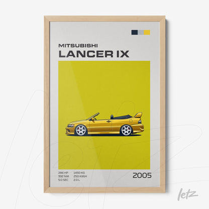 quadro com ilustração do carro Mitsubishi Lancer IX em fundo amarelo vibrante e moldura de madeira clara