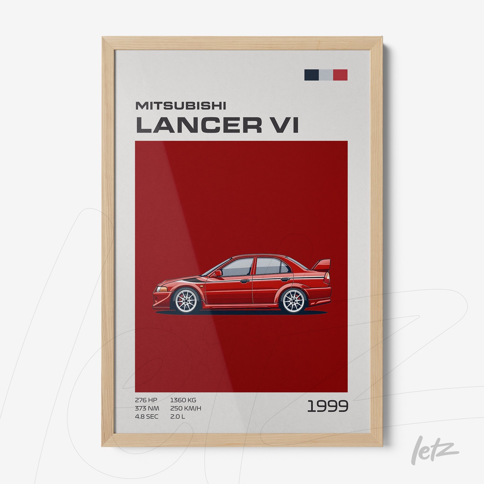 quadro com ilustração do carro Mitsubishi Lancer VI em fundo vermelho e moldura de madeira clara