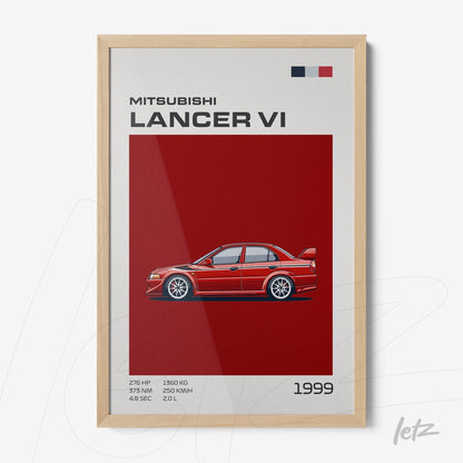 quadro com ilustração do carro Mitsubishi Lancer VI em fundo vermelho e moldura de madeira clara
