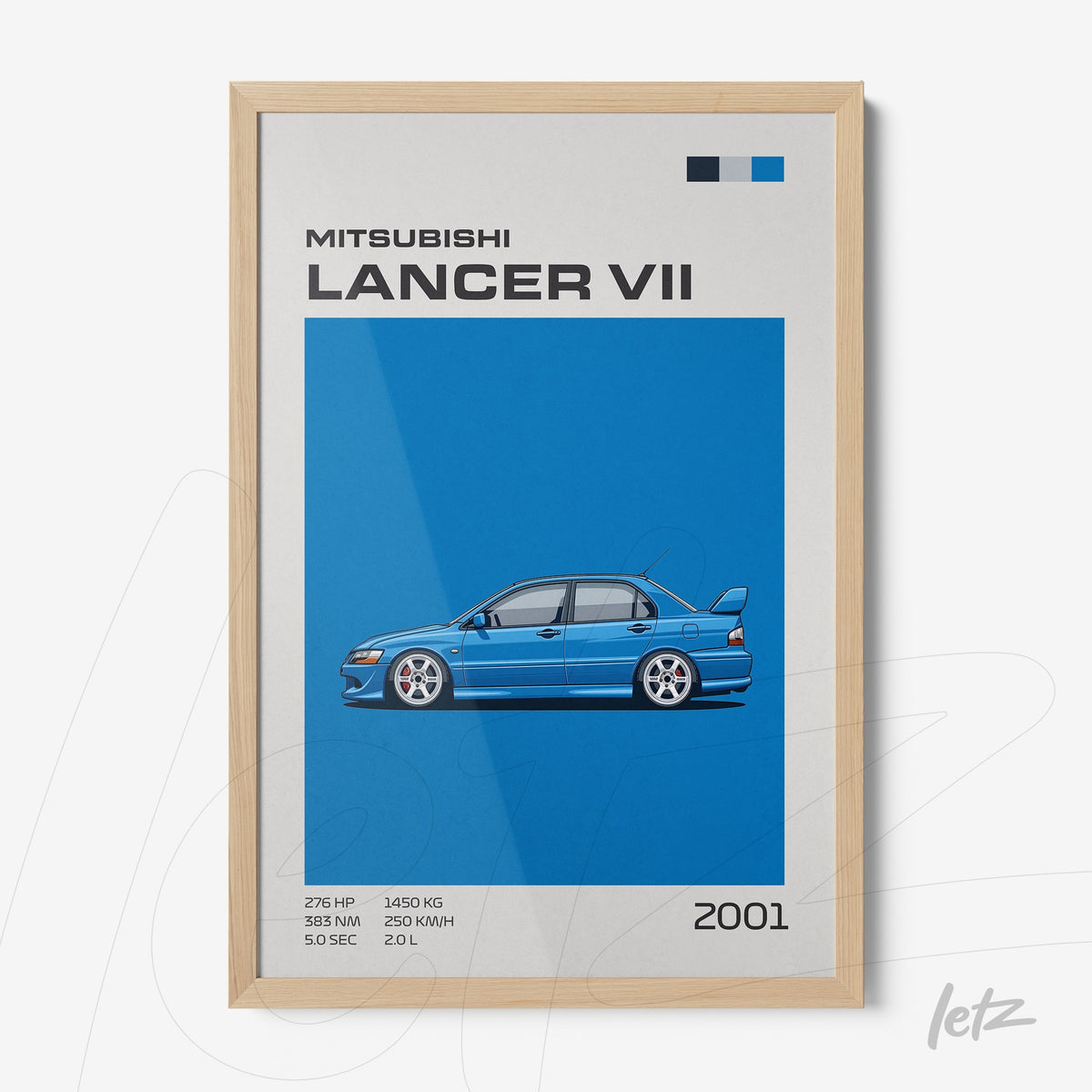 quadro com ilustração do carro Mitsubishi Lancer VII em fundo azul vibrante e moldura de madeira clara