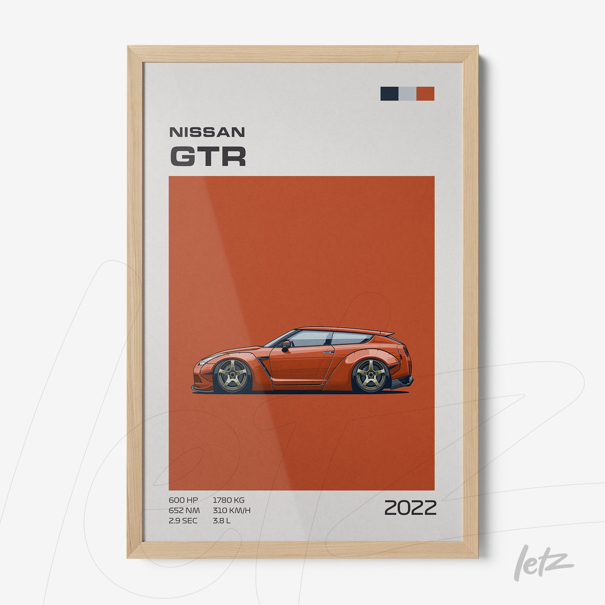 quadro com arte digital do carro Nissan GTR em fundo laranja, moldurado em madeira clara
