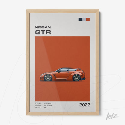 quadro com arte digital do carro Nissan GTR em fundo laranja, moldurado em madeira clara