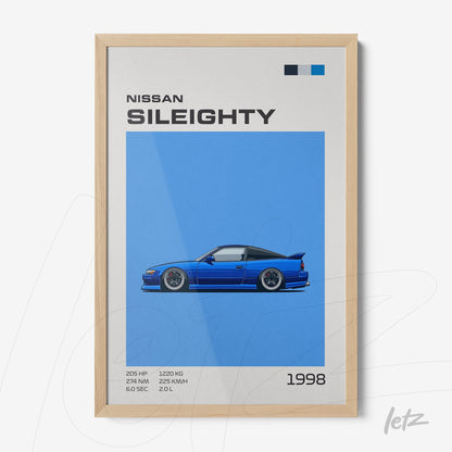 quadro em moldura de madeira clara com ilustração de carro Nissan Sil80 sobre fundo azul vibrante