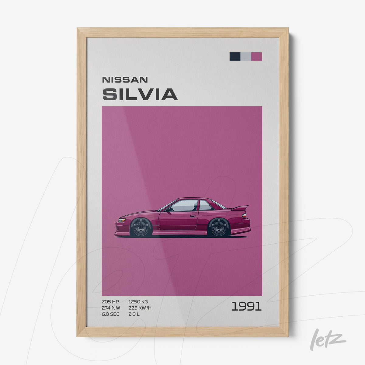 quadro com ilustração estilizada do carro Nissan Silvia de 1991 em moldura de madeira clara