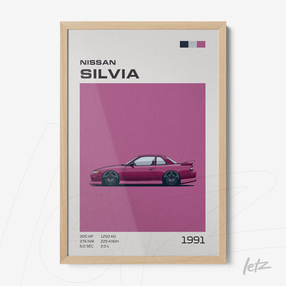 quadro com ilustração estilizada do carro Nissan Silvia de 1991 em moldura de madeira clara