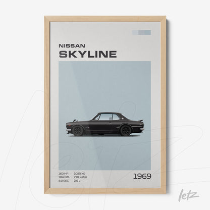 quadro com ilustração minimalista do carro Nissan Skyline 1969 em moldura de madeira clara