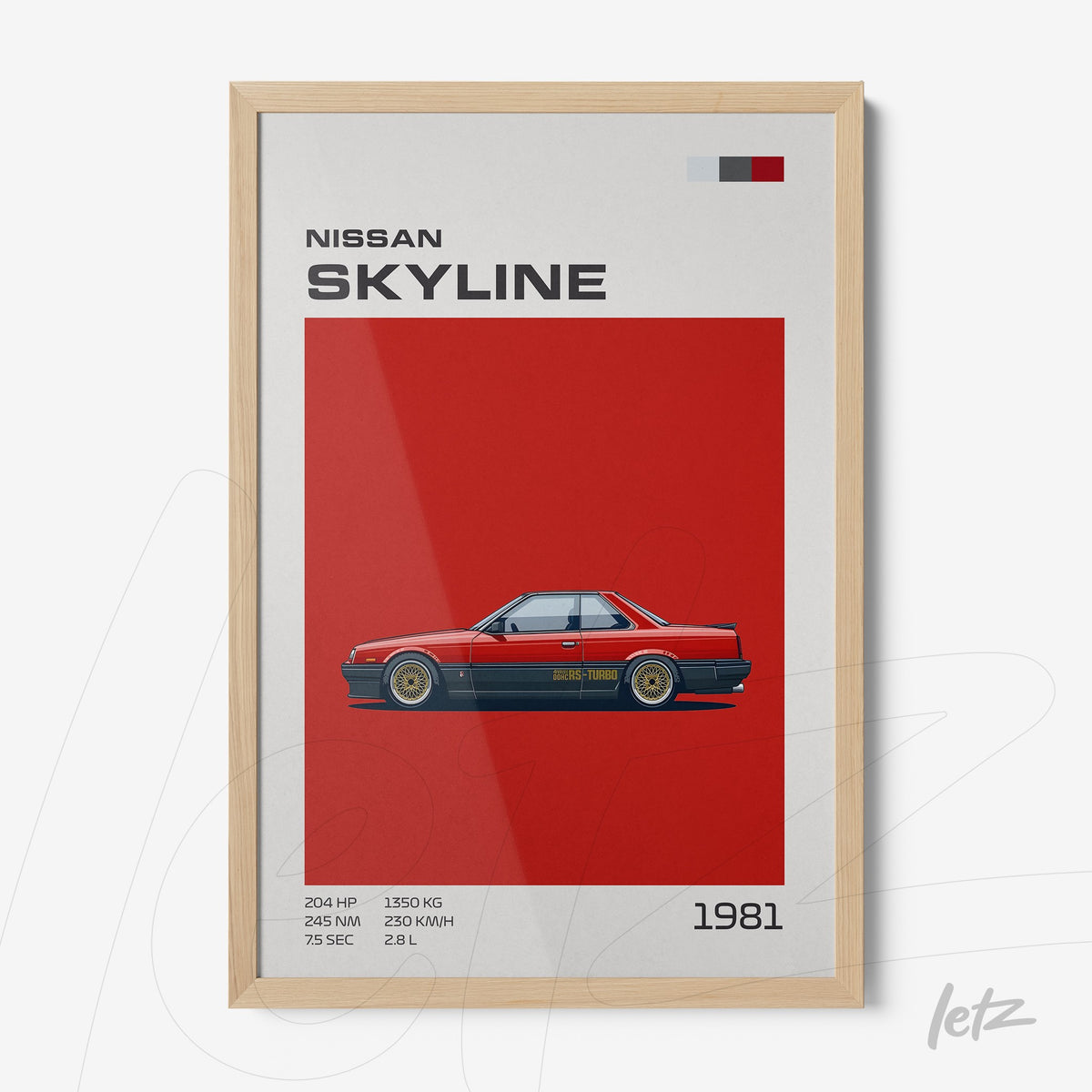 quadro emoldurado de carro Nissan Skyline com fundo vermelho e texto informativo em estilo minimalista