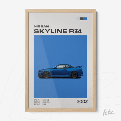 quadro com arte minimalista do carro Nissan Skyline R34 em fundo azul com informações técnicas