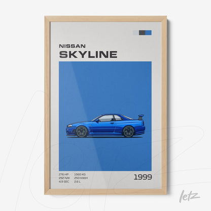 quadro com arte ilustrativa do carro Nissan Skyline 1999 em moldura de madeira clara