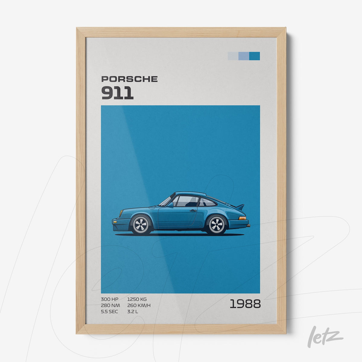 quadro com arte digital do carro Porsche 911 de 1988 em moldura de madeira clara
