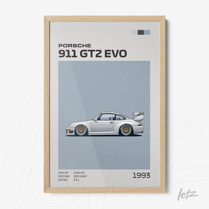 quadro com ilustração minimalista do Porsche 911 GT2 EVO de 1993 em moldura de madeira clara