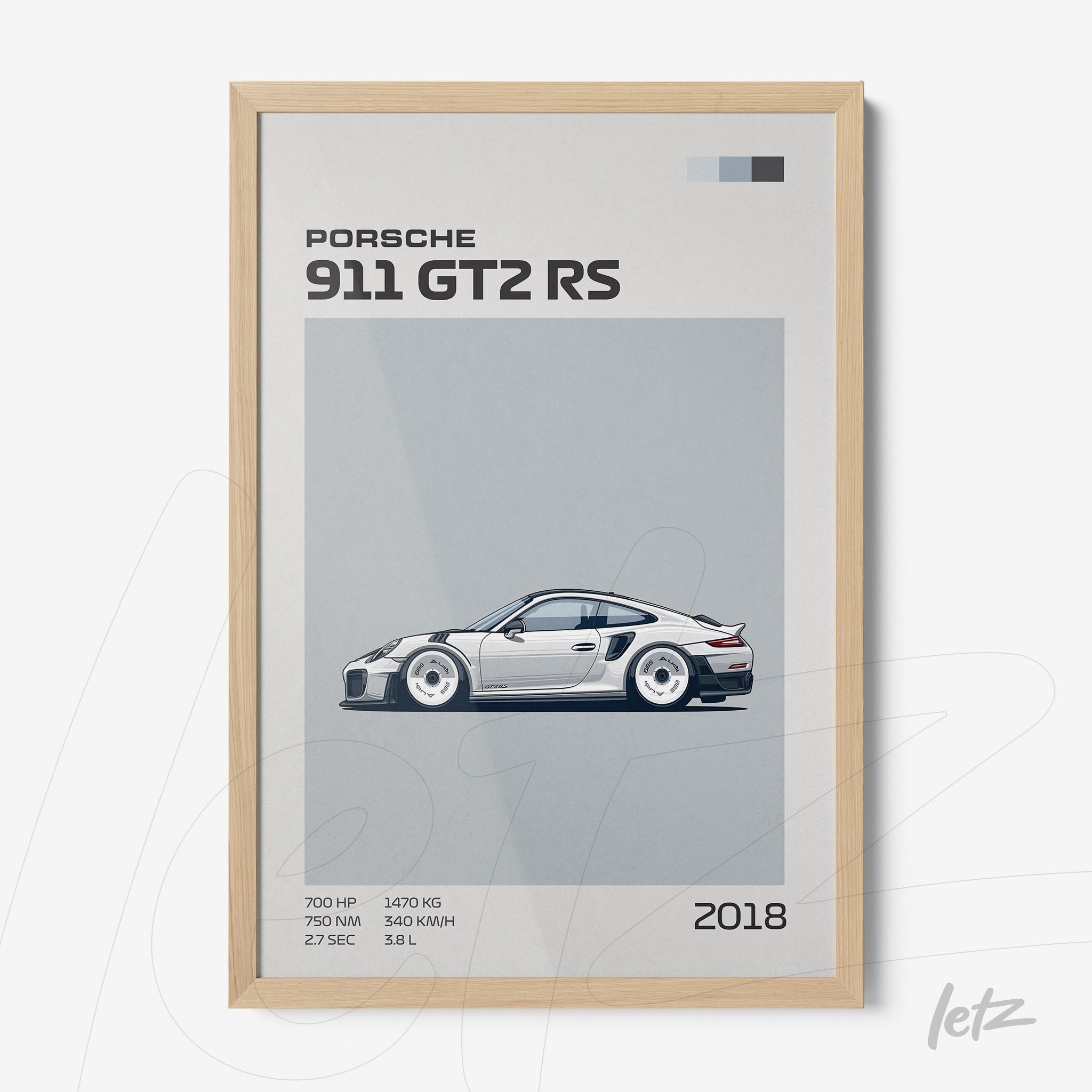 quadro com ilustração minimalista do Porsche 911 GT2 RS em moldura clara