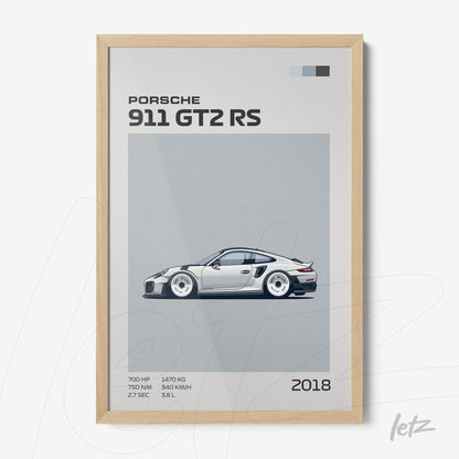 quadro com ilustração minimalista do Porsche 911 GT2 RS em moldura clara