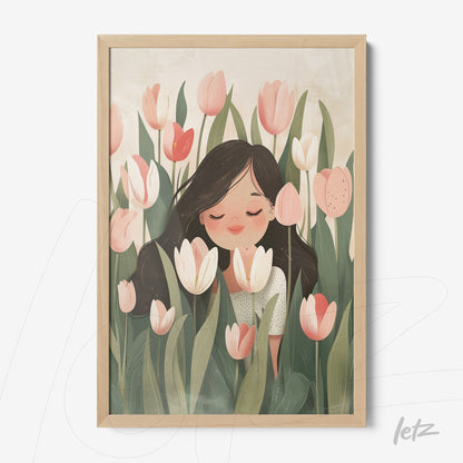 quadro com ilustração infantil de menina cheirando flores brancas e rosas em meio a tulipas, moldura de madeira clara