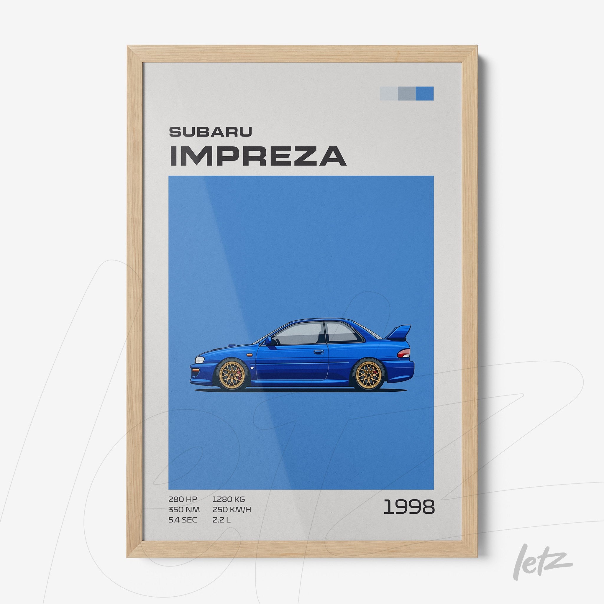 quadro com arte digital de um carro Subaru Impreza azul em moldura de madeira clara