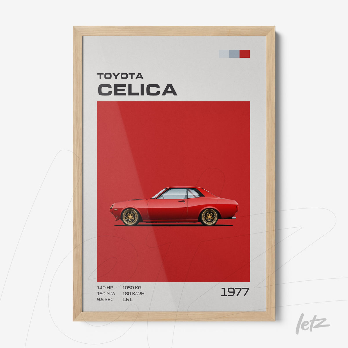 quadro com arte de um carro Toyota Celica vermelho sobre fundo vermelho, moldura de madeira clara