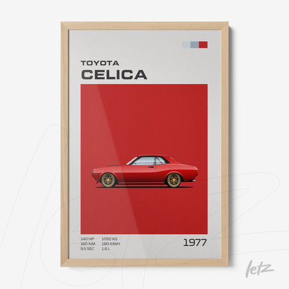 quadro com arte de um carro Toyota Celica vermelho sobre fundo vermelho, moldura de madeira clara
