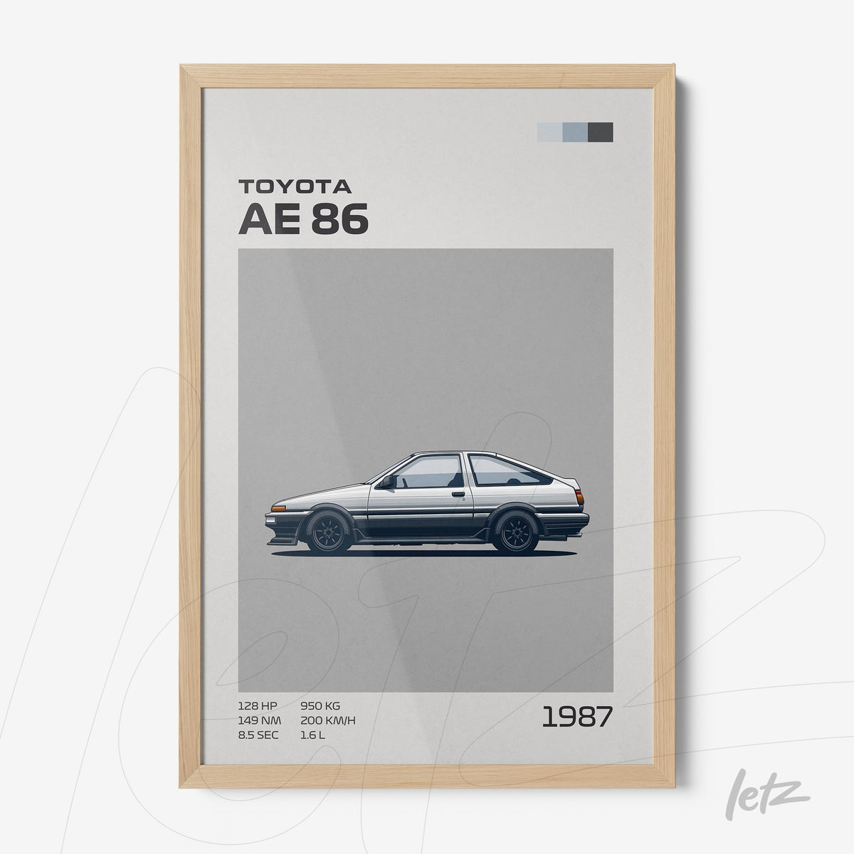 quadro com ilustração minimalista do carro Toyota AE 86 em moldura de madeira clara