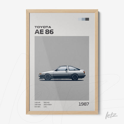 quadro com ilustração minimalista do carro Toyota AE 86 em moldura de madeira clara