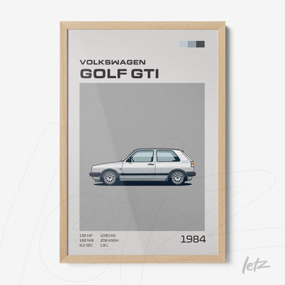 quadro com ilustração minimalista do carro Volkswagen Golf GTI 1984 em moldura de madeira clara