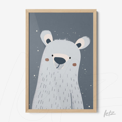 quadro com ilustração de urso polar em estilo minimalista com moldura de madeira clara