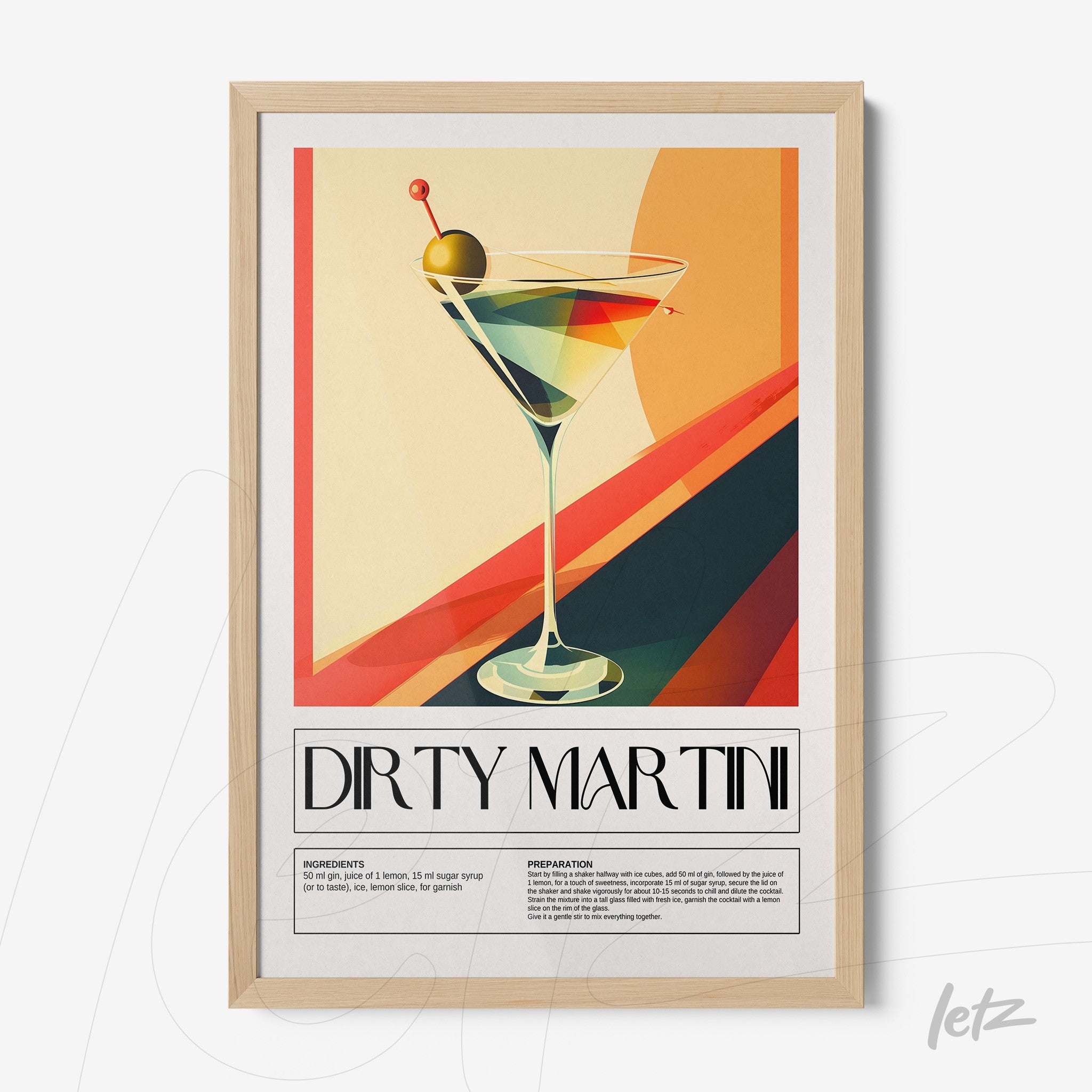 quadro com arte retro de cocktails, apresentando um dirty martini em moldura clara