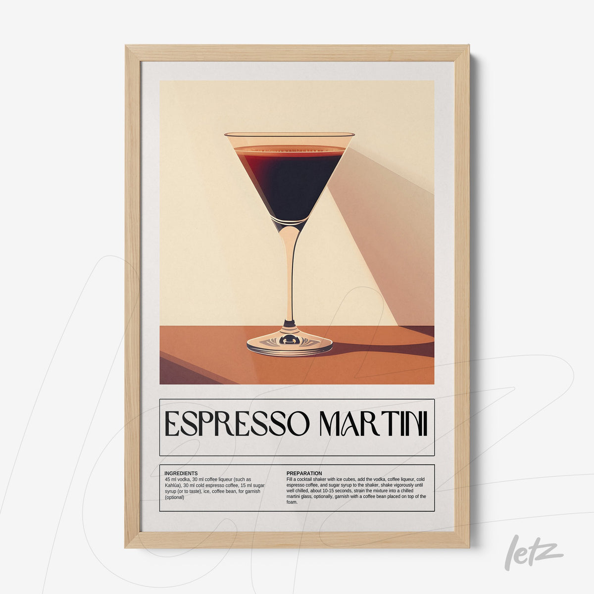 quadro com arte do drink espresso martini em moldura clara de madeira