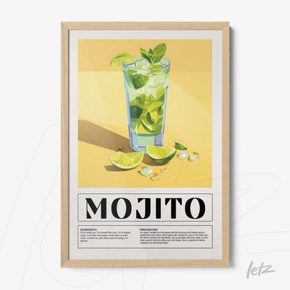quadro com ilustração colorida do drink mojito em moldura clara, fundo amarelo com limões fatiados e gelo