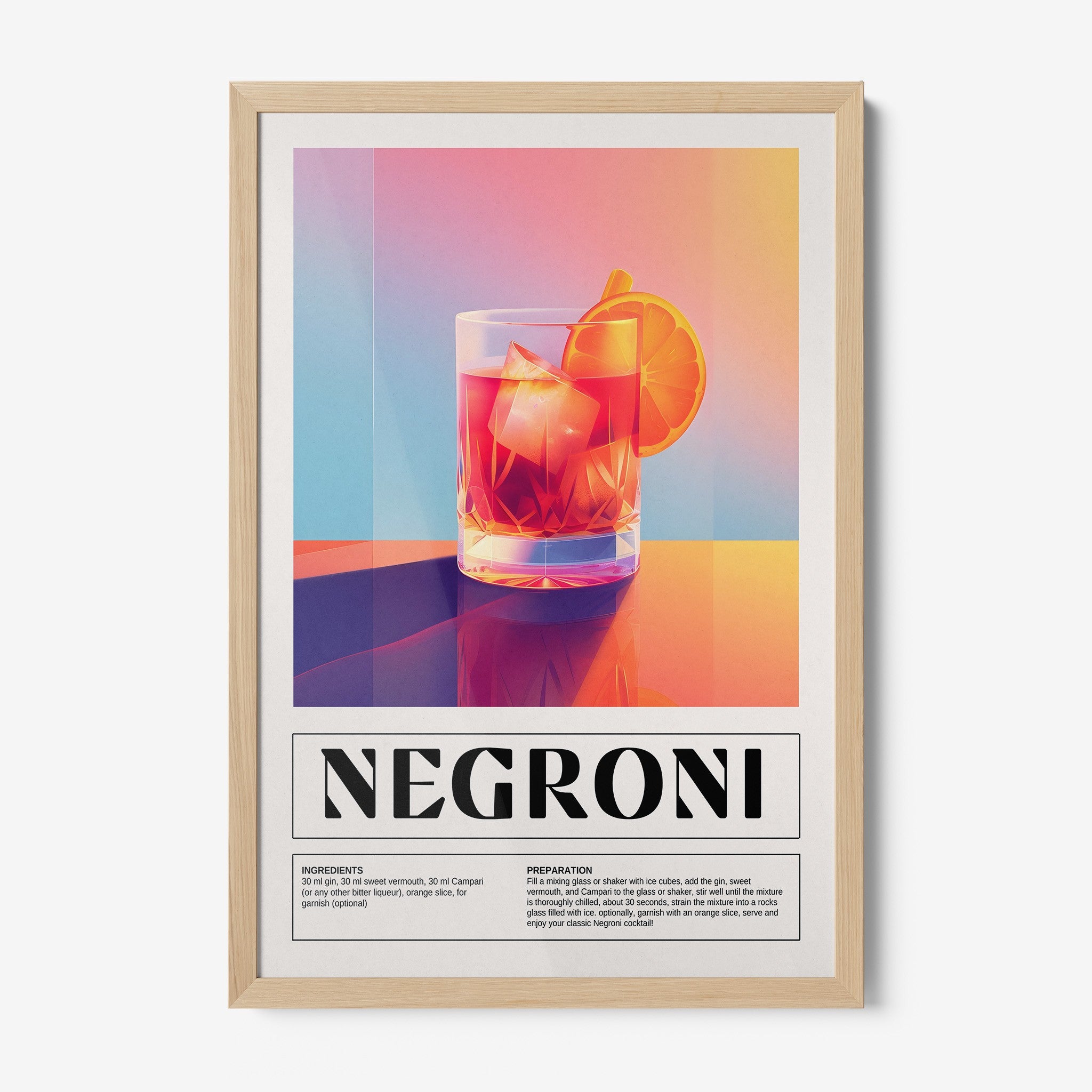 quadro com arte de drink negroni em moldura de madeira clara