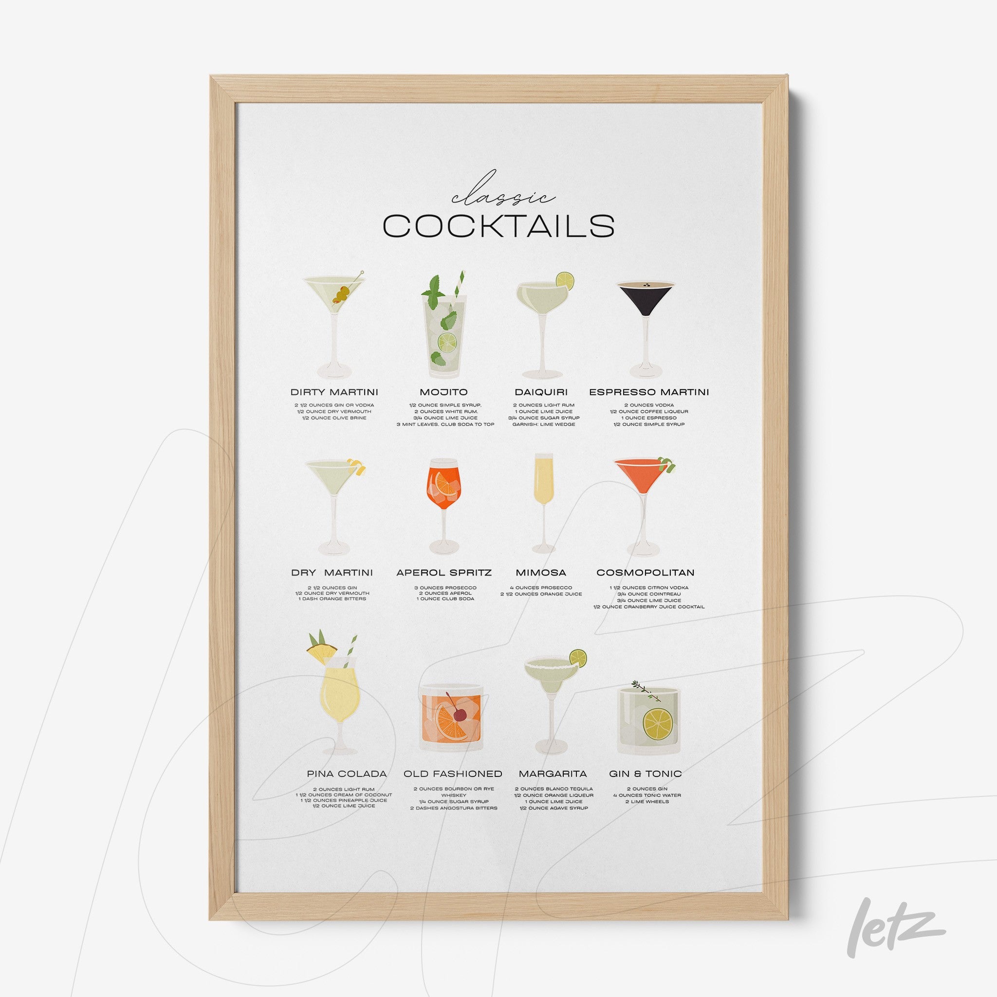quadro com ilustrações de drinks clássicos em moldura de madeira clara