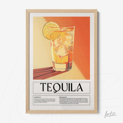 quadro com ilustração retro de drink tequila em moldura clara com fundo em tons quentes