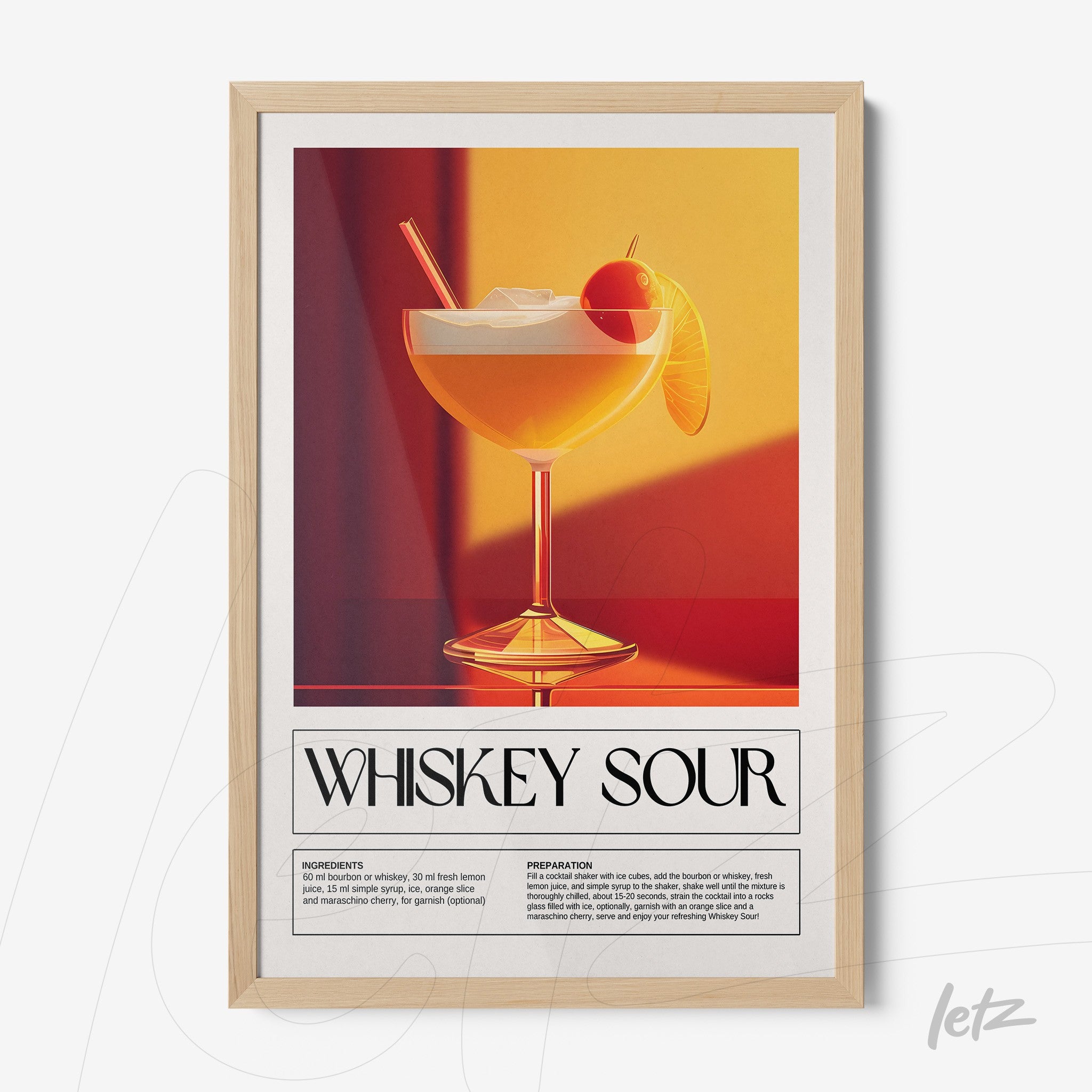 quadro com arte digital retrô de um drink whiskey sour com moldura clara e fundo laranja