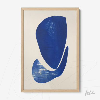 quadro com arte abstrata em azul emoldurado com moldura de madeira clara