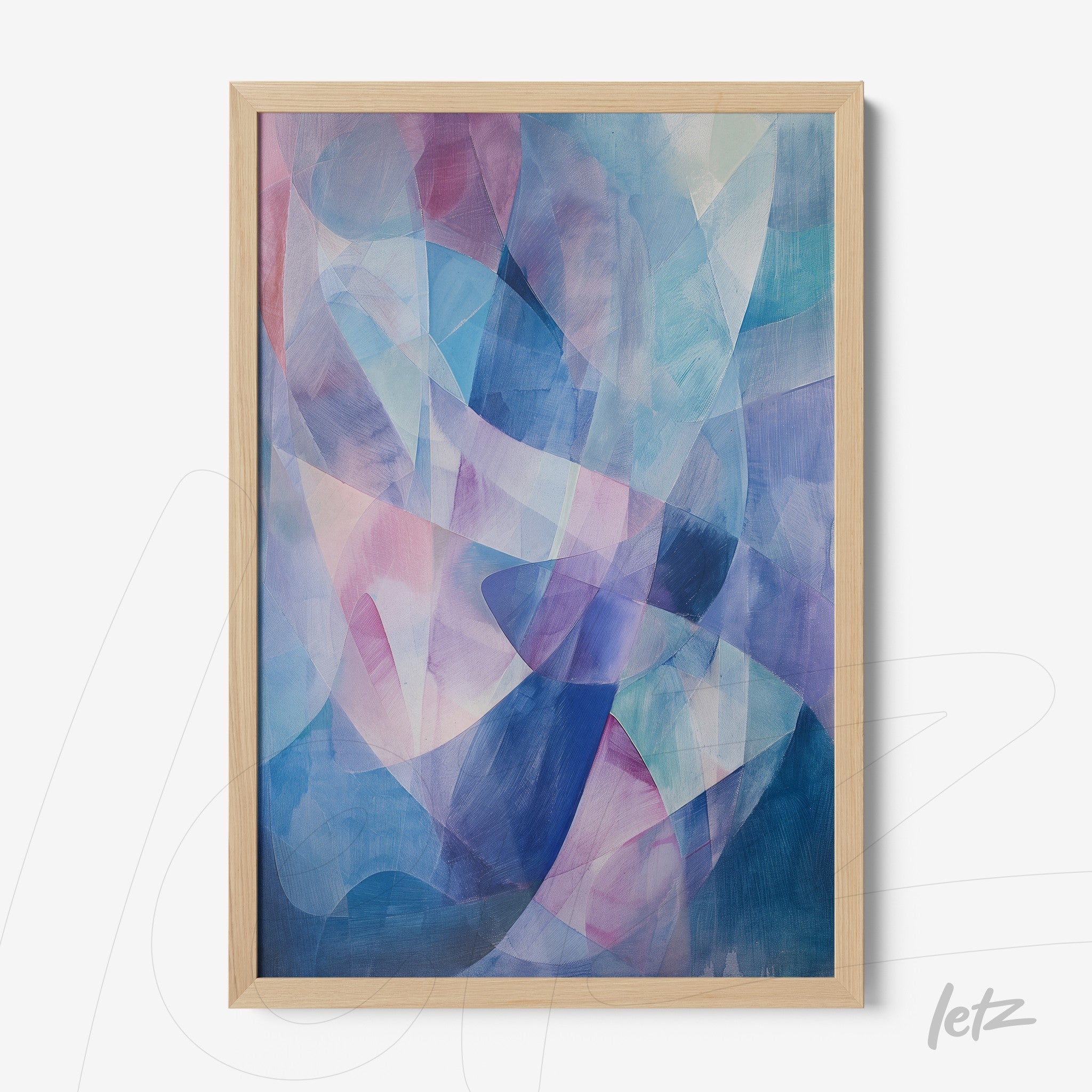 quadro com arte abstrata em tons de azul e rosa, incluindo formas fluidas e uma moldura de madeira clara