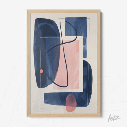 quadro com arte abstrata em tons de azul, rosa e nude com moldura de madeira clara