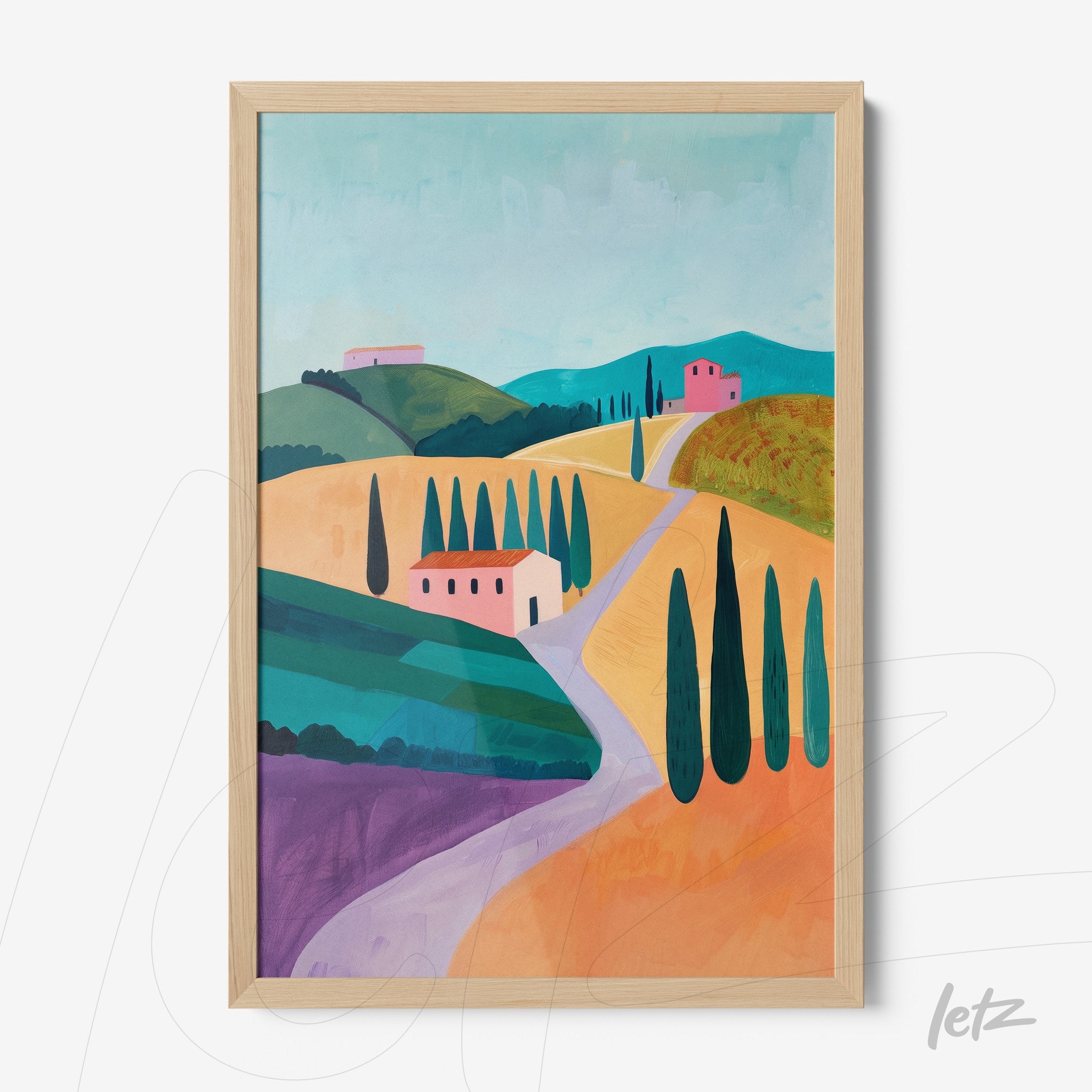 quadro com paisagem colorida de colinas italianas, casas rosa e ciprestes em moldura de madeira clara