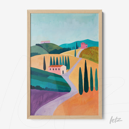 quadro com paisagem colorida de colinas italianas, casas rosa e ciprestes em moldura de madeira clara