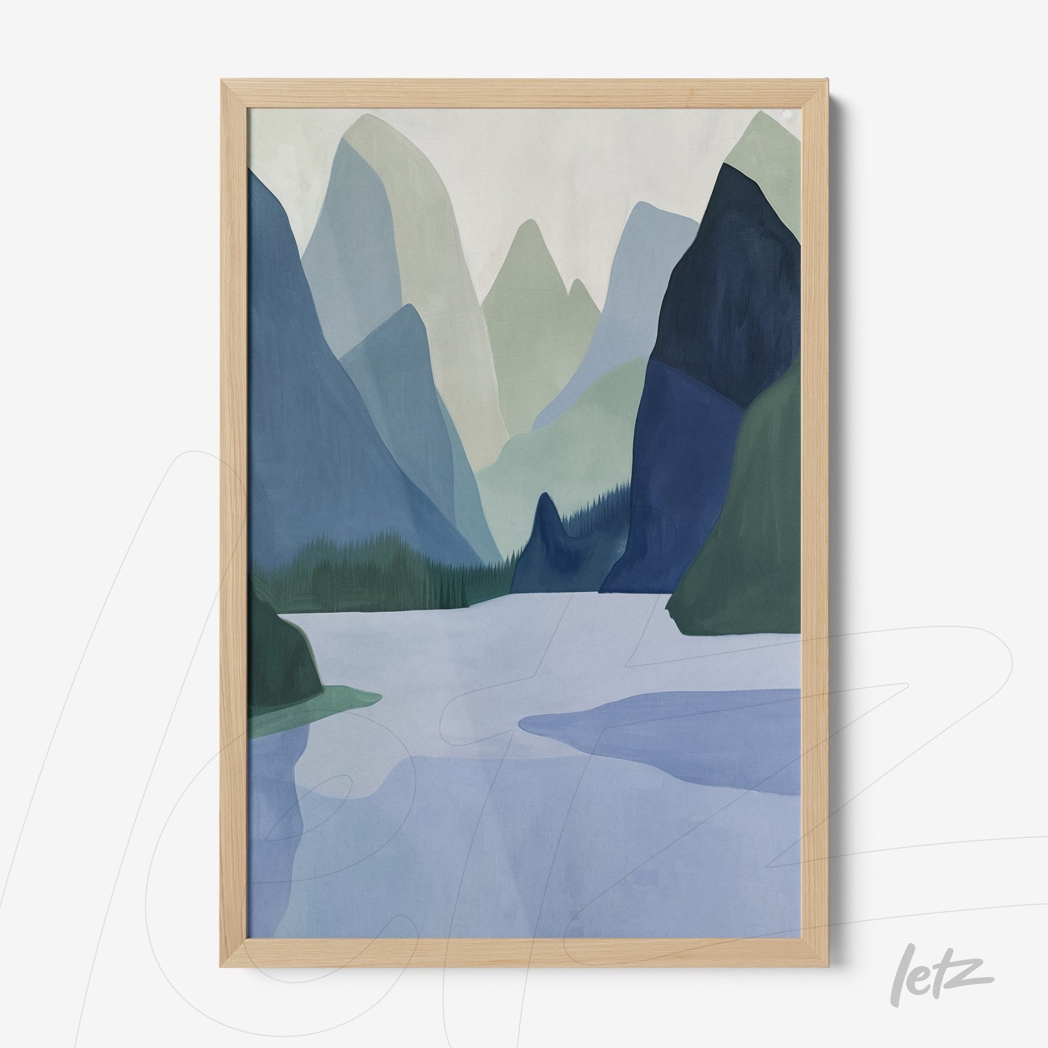 quadro com arte abstrata em tons de azul e verde retratando uma paisagem montanhosa com lago e árvores, em moldura de madeira clara