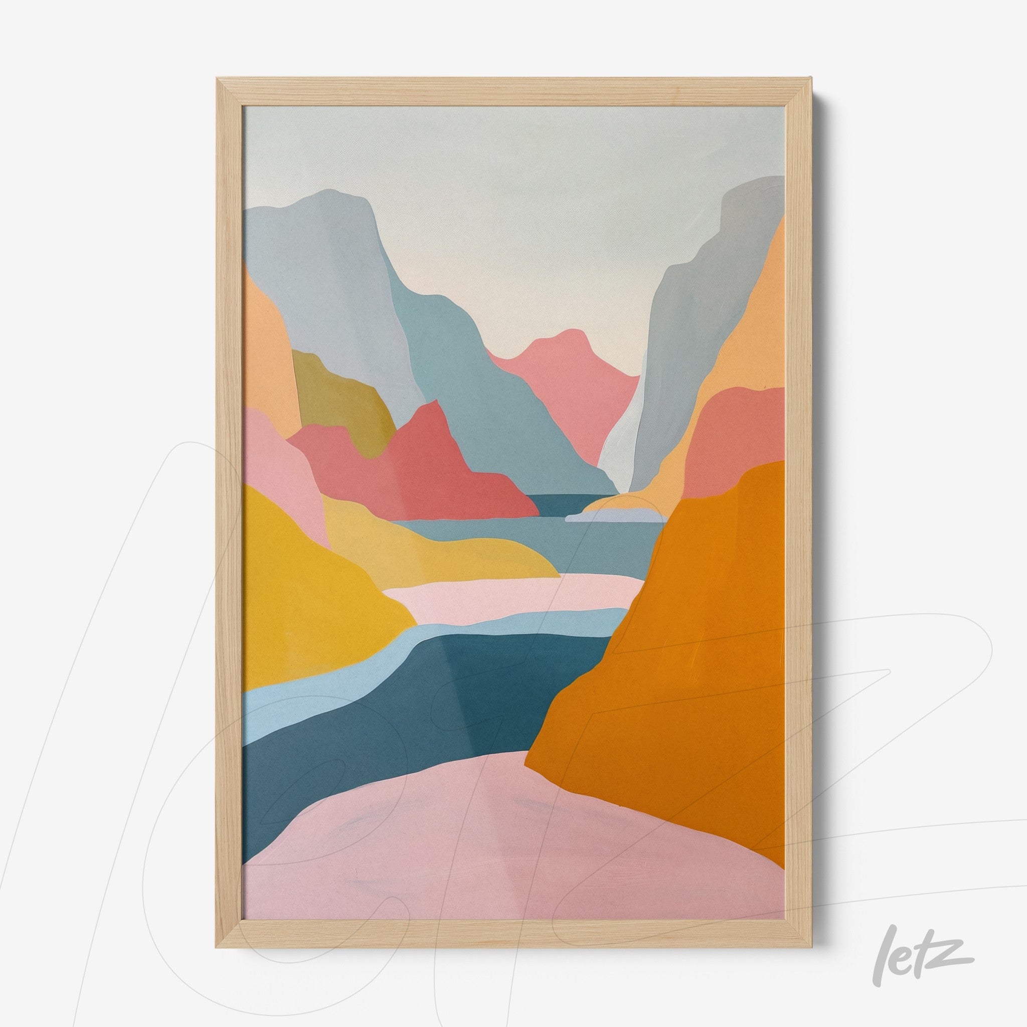 quadro com arte abstrata em tons pastel retratando montanhas coloridas e um rio, em moldura de madeira clara