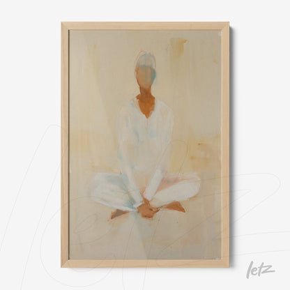 quadro com arte abstrata de figura meditativa sentado em pose de lótus com fundo suave em tons terrosos e moldura de madeira clara