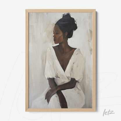 quadro com retrato de mulher negra em vestido branco, com moldura de madeira clara