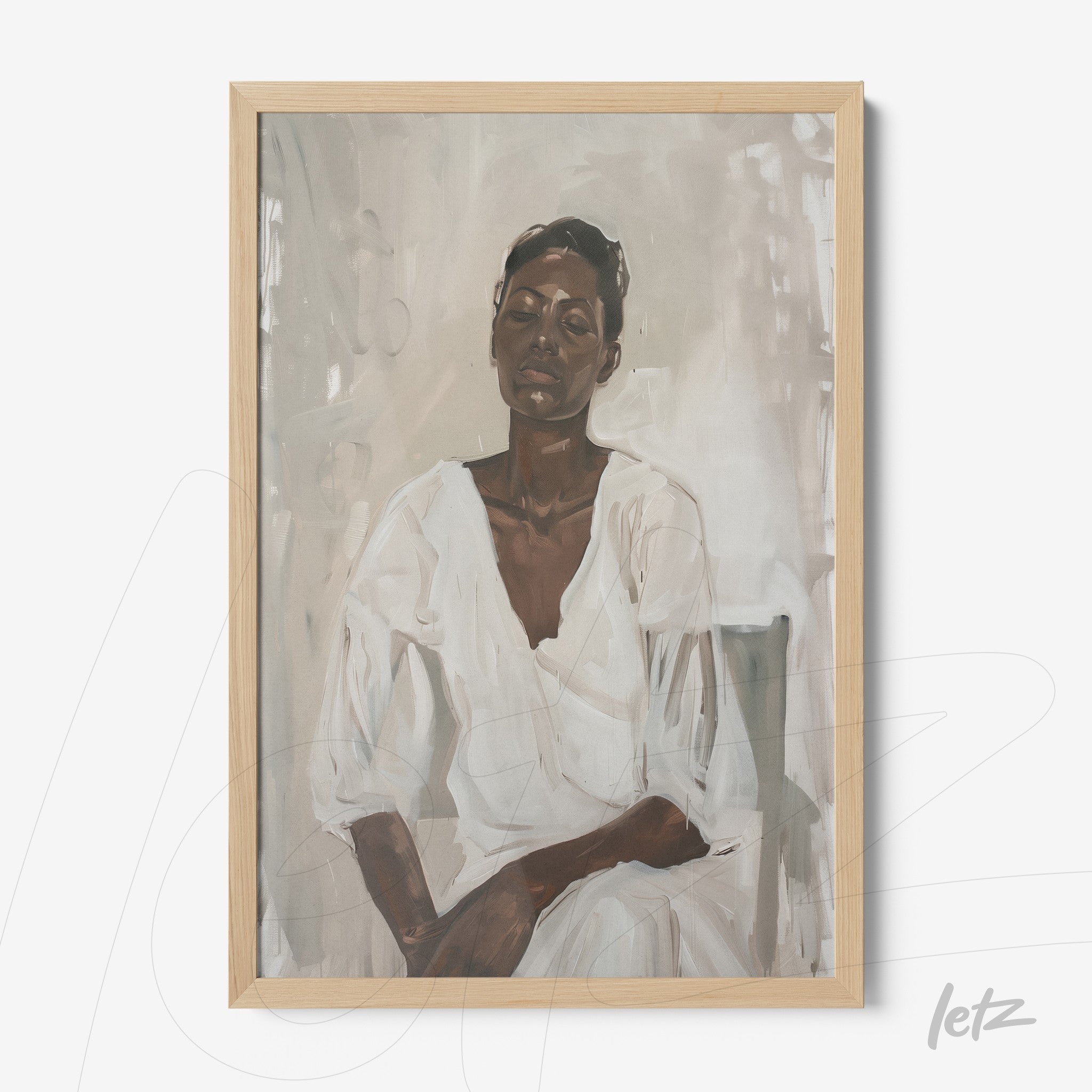 quadro com retrato de mulher em vestido branco, com fundo neutro e moldura de madeira clara