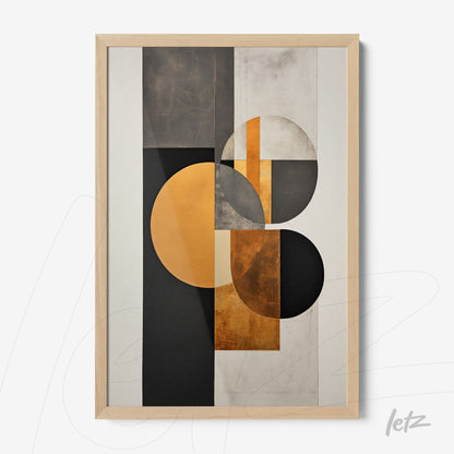 quadro com arte abstrata em moldura de madeira clara, apresentando formas geométricas em preto, cinza e dourado