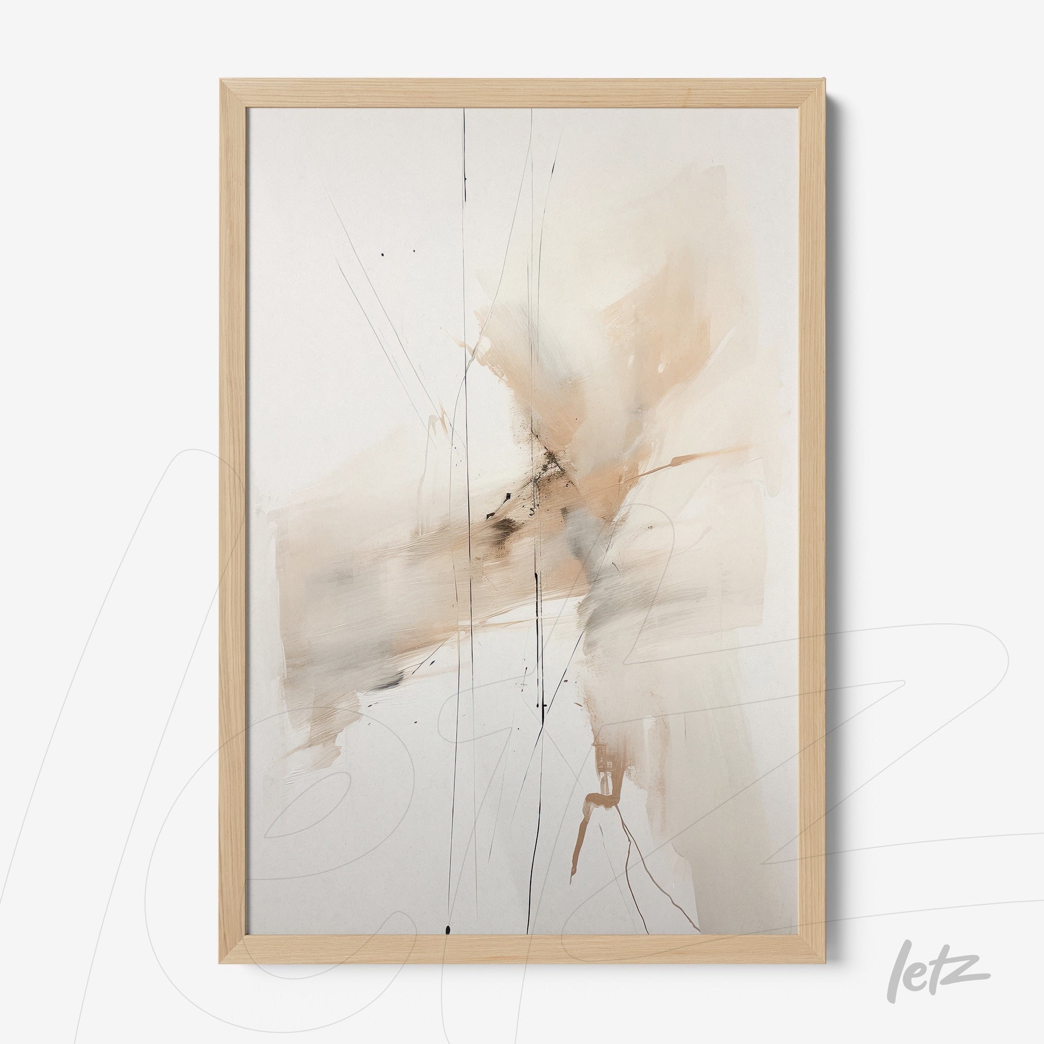 quadro com arte abstrata em tons neutros, com traços de marrom e cinza, em moldura de madeira clara