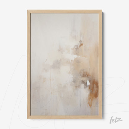 quadro abstrato em tons neutros, com pinceladas em bege e marrom, em moldura de madeira clara